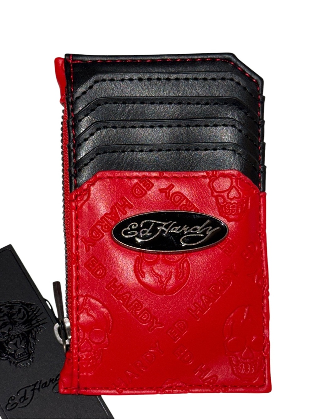 Ed Hardy Red and Black Embossed Vegan Leather Card Case with Zip Pocket